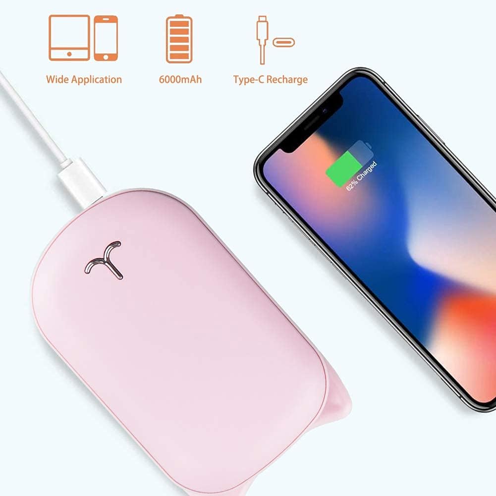 Rechargeable Hand Warmers 6000mAh Portable Pocket USB Warmer, Double Side and Quick Heating, Larger Capacity Battery Reusable, Winter Gift for Outdoor Camping Skiing Compatible with All Smartphone