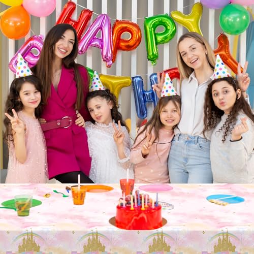 Image of Avezano 3 Pcs Princess Castle Tablecloth Rainbow Princess Birthday Table Cloth for Girls Women Birthday Party Decorations 108 x 54 Inch