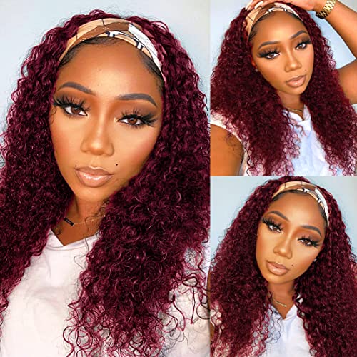 Image of Celiarita #99J Burgundy Headband Wig Human Hair Deep Wave Wigs for Black Women 150% Density None Lace Front Machine Made Brazilian Virgin Red Wine Deep Wave Headband Wig Human Hair 14 Inch
