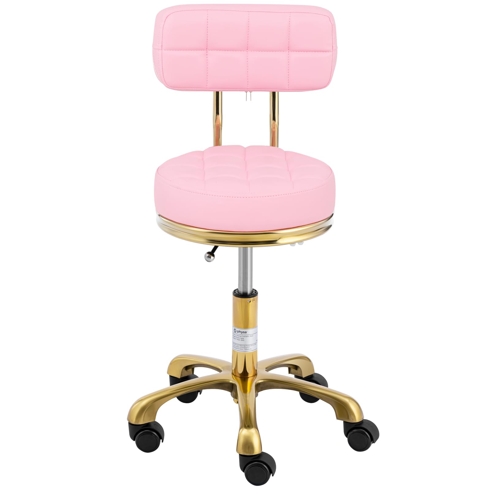 Physa Rollhocker mit Lehne 48-61 cm 150 kg Zartrosa/Golden höhenverstellbarer Friseurhocker Kosmetikhocker Praxishocker