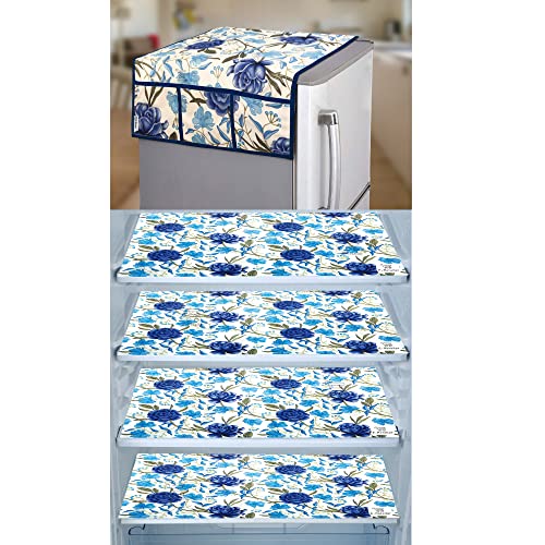 Image of Polyester 3-Layered Fridge Top Cover /Refrigerator Cover With Utility Pockets and Set of 4 Pc. Fridge Mats (Color-Blue, Size -39x21 Inches)
