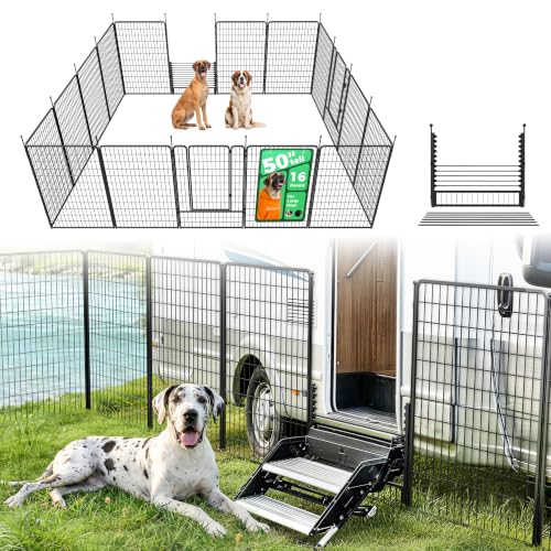 Image of FXW Rollick Dog Playpen with RV Step Grid for RV Camping, 50 inch H, 16 Panels | Easy Setup & Sturdy, Blocks RV Stair Gaps, Fits RV Steps up to 26 inchW, For Large Dogs, Patented
