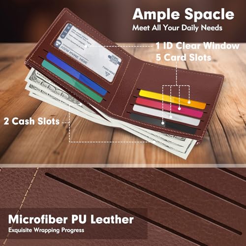 Mens Slim Bifold Wallet with ID Clear Window & 6 Credit Card Slots, Minimalist Handmade Bifold Wallets for Men, Thin Card Credit Holder Wallet for Men - Slim & Stylish (Cognac)3