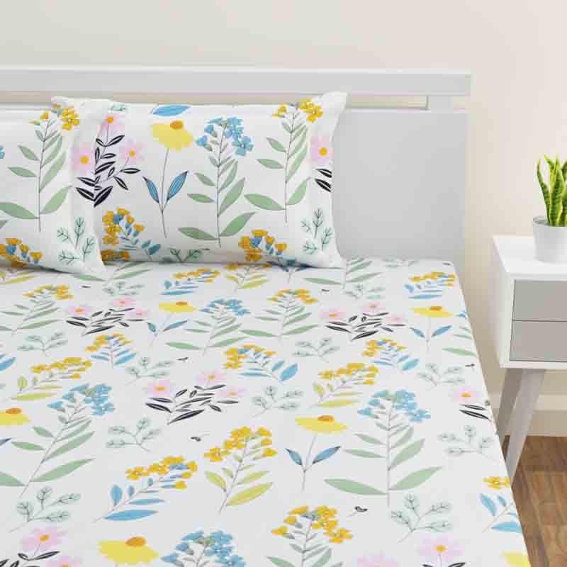 AVINYA® Cotton Feel Elastic Fitted Printed Queen Size Double Bed Bedsheet with 2 Pillow Cover(72"x72"x8") (Queen, Green Leaf)