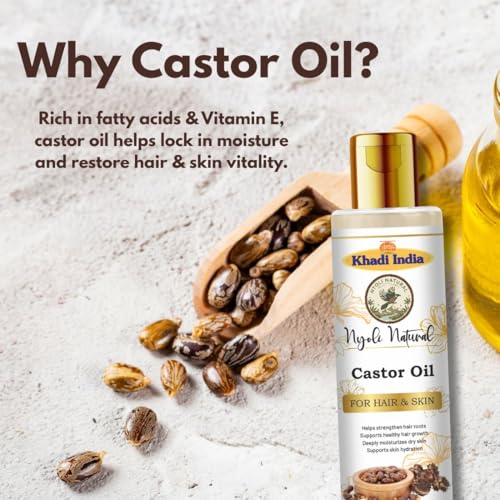 Image of Khadi Nyoli Natural Cold Pressed Castor Oil for Hair & Skin 100ML | Pure Cold-Pressed Hair Growth Oil | Helps Reduce Hair Fall, Strengthens Hair, Nourishes Scalp, Supports Eyelash & Eyebrow Growth | Deep Hydration & Skin Care for Men & Women