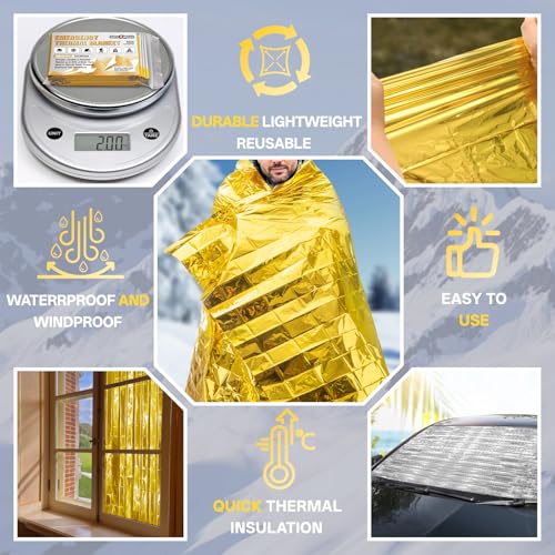 Image of SecuCaptain Survival Emergency Thermal Blankets: Extra Large 84 inch x63 inch Space Mylar Blanket Kit for Outdoor Cold Winter Camping Hiking Car Bug Out Bag or First Aid - 4 Pack Gold