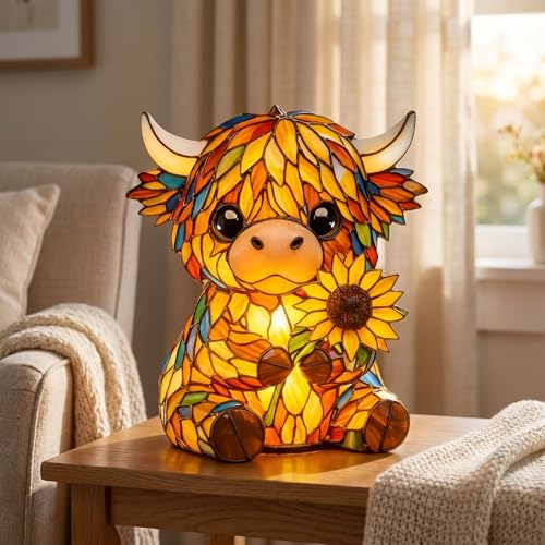 Rustic Highland Cow Art Lamp Handcrafted Sunflower Highland Cow Lamp USB Stained Glass Sunflower Lamp & 3D Animal Night Light for Home Office Bedroom Decor (1pc)