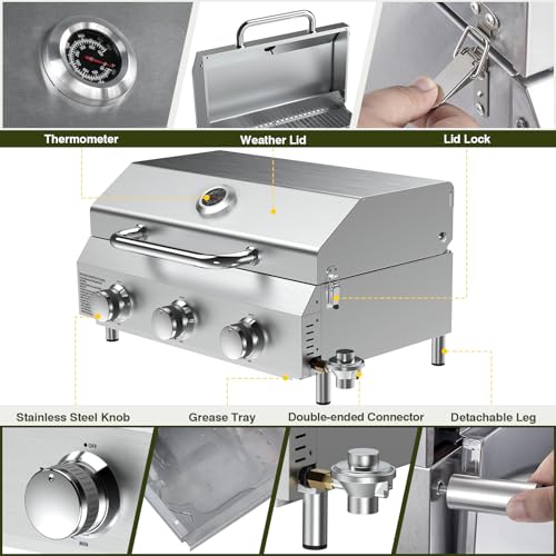 Image of Bestfire 3-Burner Tabletop Propane Gas Grill with Dual Connections, 30,000 BTU Portable Propane Grill Fits Large Cylinders & Small Canisters, Stainless Steel Knobs, Compact Design for Camping, RV, BBQ