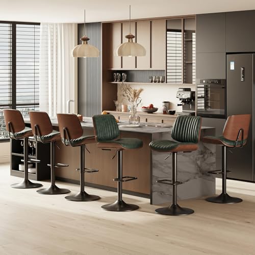 Image of MALOL Bar Stools Set of 6, Adjustable Counter Height Bar Chairs 26 inch-34.5 inch with Swivel & Footrest, Modern Faux Leather Barstools for Kitchen Island, Dining Room,Pub,Green