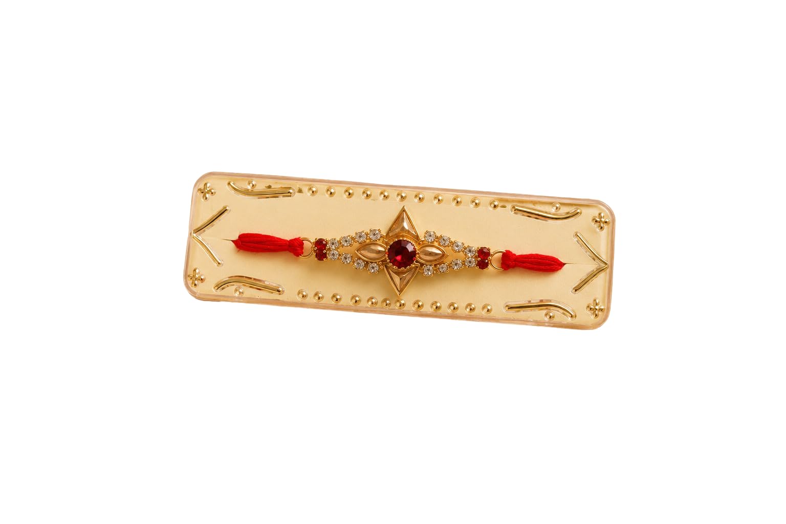 Premium Geometric Diamond Designer Rakhi for Brother | Red Crystal and Stone-Studded Gold-Tone Rakhi-image-5