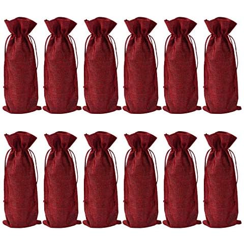 12pcs Jute Wine Bottle Bags, GreeStore Reusable Burlap Wine Bags Wine Bottle Gift Bags with Drawstring, 14x5.9inches Hessian Wine Carriers (Red) Cover