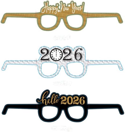 12 Pcs Happy New Year Eyeglasses,Hello 2026 Party Paper Glasses, Black and Gold Glitter New Years Eve Party Supplies 2025,Clock Countdown Favors for Costume Party,NYE Decorations 2026 - Image 3