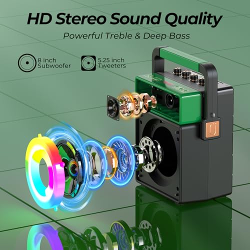 Image of JYX Bluetooth PA Speaker System with 2 Wireless Mics, Retro 60W Karaoke Machine with LED Lights, Supports Recording, USB /TF /AUX /MIC Input for Home Party