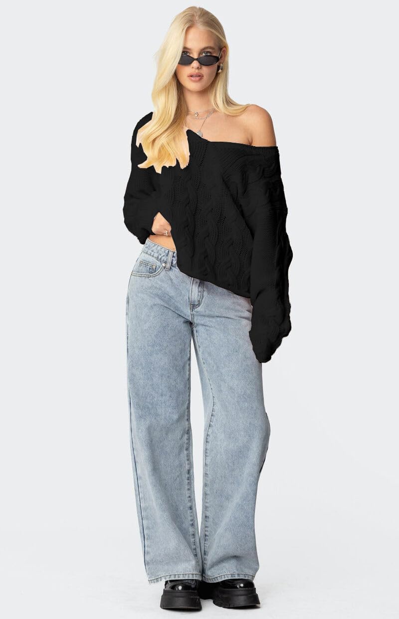ZAFUL Womens V Neck Off The Shoulder Sweater Long Sleeve 2025 Oversized Cable Knit Casual Pullover Tops - Image 5