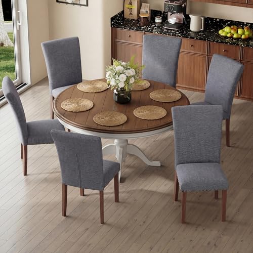 Image of COLAMY Upholstered Parsons Dining Chairs Set of 6, Fabric Dining Room Kitchen Side Chair with Nailhead Trim and Wood Legs - Dark Grey