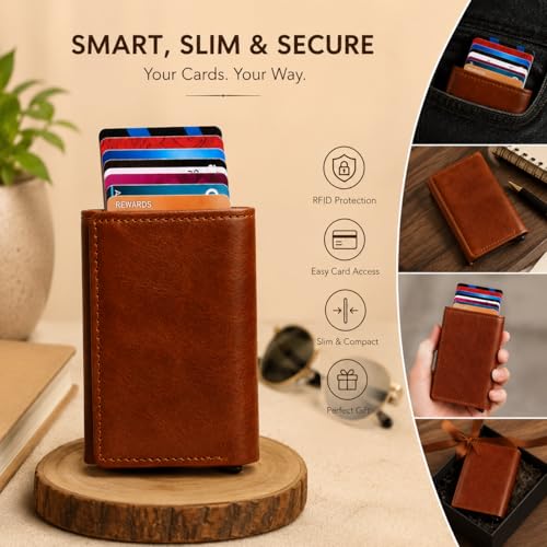 Image of RFID Blocking Pop-Up Card Holder for Men | Slim Vegan Leather Wallet with Cash Compartment | Aluminium Case, Holds Up to 10 Cards | Gift for Men