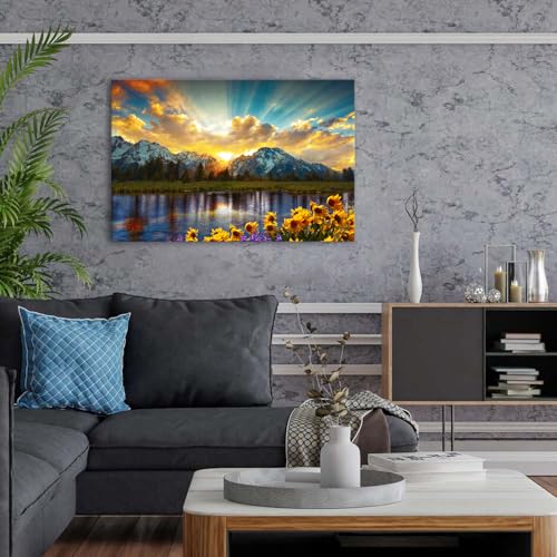 Image of Sunset Mountain Wall Art, Grand Teton National Park Landscape Canvas Wall Decor 32x48 inch Sunflower Pictures Artwork Nature River Scenery Prints Painting Home Decoration for Living Room Bedroom Kitchen