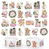 JarThenaAMCS 1200Pcs Christmas Vintage Stickers Pink Xmas Watercolor Santa Claus Deer Self-Adhesive Sticker Decals for Journal Scrapbook Baby Shower Party, 16 Designs, 2 Rolls