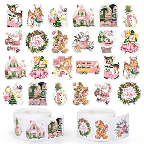 JarThenaAMCS 1200Pcs Christmas Vintage Stickers Pink Xmas Watercolor Santa Claus Deer Self-Adhesive Sticker Decals for Journal Scrapbook Baby Shower Party, 16 Designs, 2 Rolls