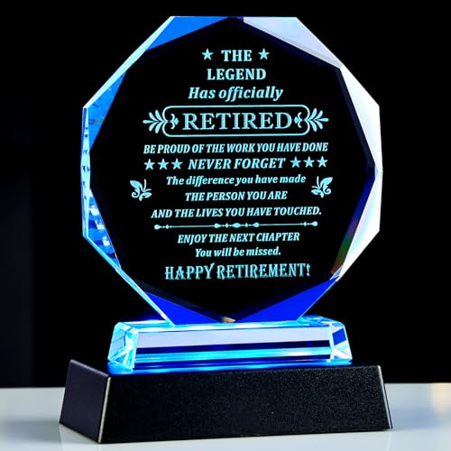 Happy Retirement Gifts for Men Women Present Decorations Crystal Plaque Keepsake Best retired Plaque Inspirational Gift for Retired Friends Boss Coworker Teacher Police (Retirement Gift+LED Base)