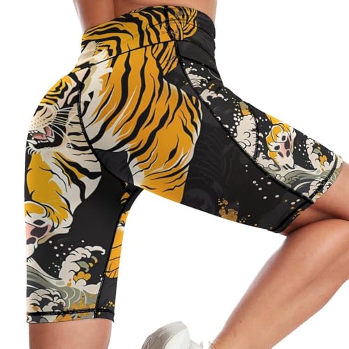 Japanese Tiger Wave Women’s Biker Yoga Short High Waisted Yoga Workout Running Shorts with Pockets2