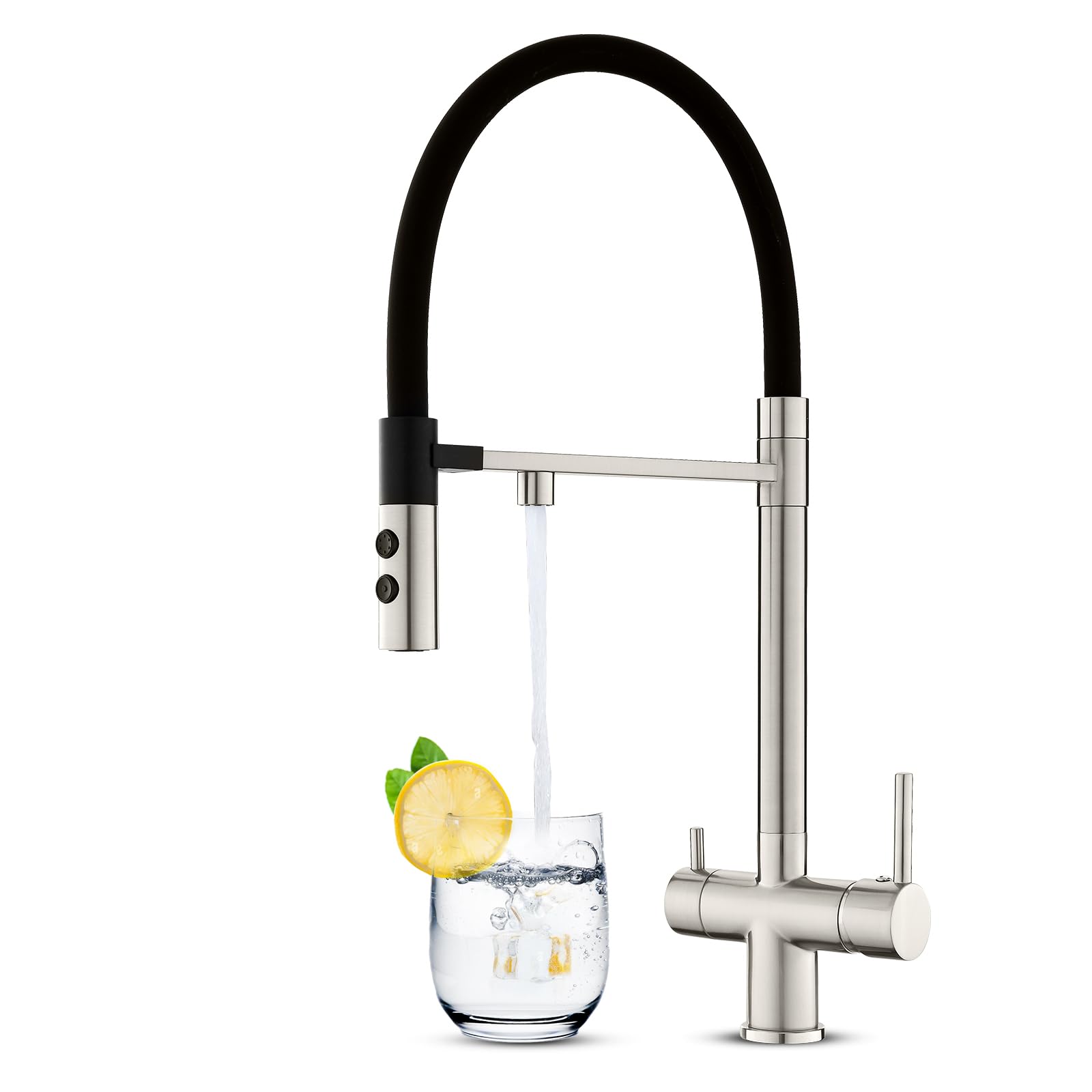 KEOKBON 3 Way Tap with Magnetic 2 Functions 360° Swivel Extendable Spout, 3 in 1 Kitchen Sink Mixer Tap for Water Filter, Triflow Kitchen Tap Drinking Water tap with 2 Handles, Nickel Brushed