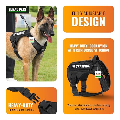 Image of Buraq No Pull Tactical Dog Harness for Large Dogs, Heavy Duty, Adjustable Pet Harness with Handle for Easy Control, Dog Vest for Walking, Training, Hiking (M - Black)