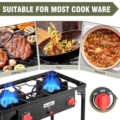 Image of BESTFIRE 2 Burner Camping Stove,150,000 BTU High Pressure Outdoor Propane,4ft 20 PSI Adjustable Regulator Hose With Removable Legs for Backyard Cooking Camping Home