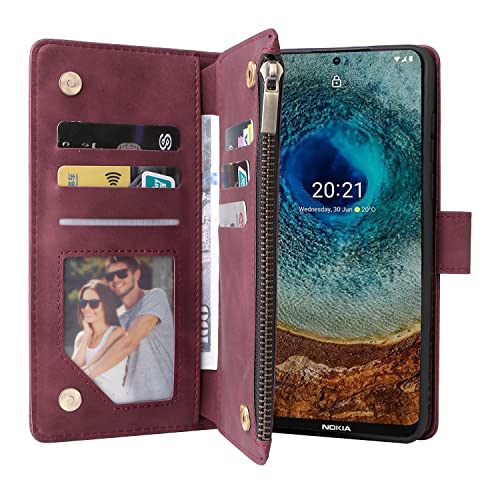 Lbyzcase For Nokia X100 Case With Card Holder,Durable Luxury Magnetic Folio Flip Leather Zipper Pocket Wrist Strap Kickstand Women Men Phone Case Cover For Nokia X100 (Wine Red) #TOP2