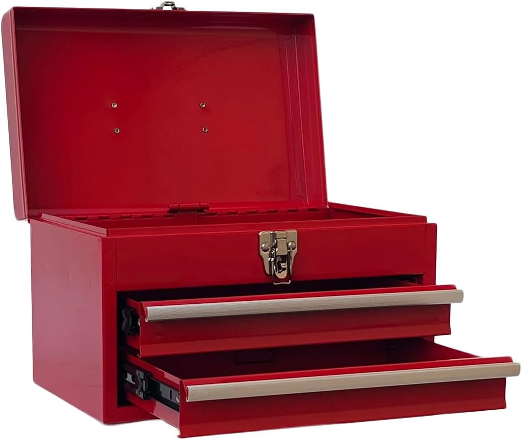 Workington Portable Metal Tool Chest with 2 Drawers, 14" 2-Drawer Tool Chest Cabinet with Ball Bearing Drawer Slides, Steel Tool Storage Box Organizer 4202 Red