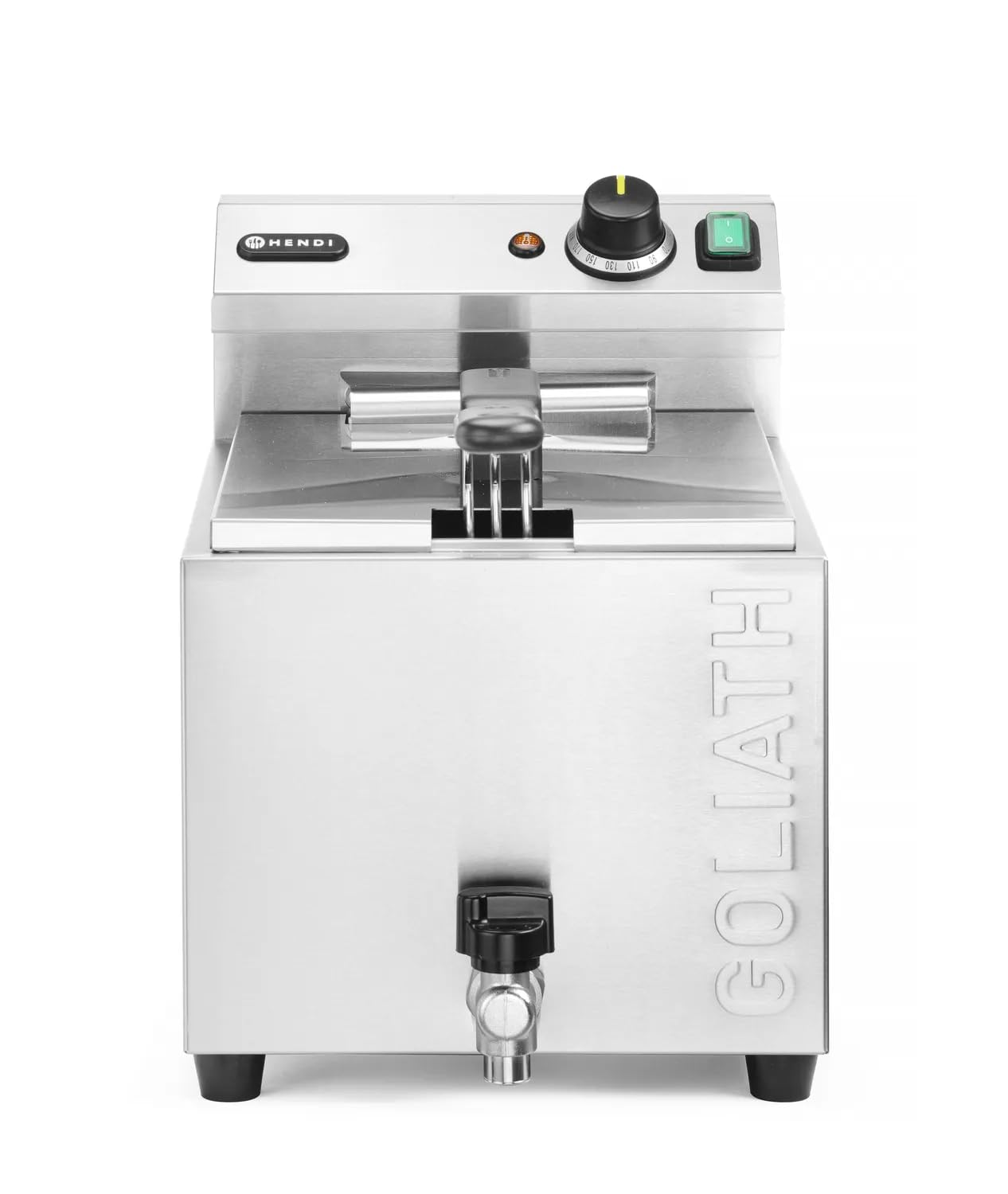 HENDI Freidora eléctrica XL GOLIATH, con grifo de vaciado, 50 °C-190 °C, zona fría, con tapa y cesta de freír, 10L, muy potente: 10200W, 400V, 300x585x(H)392mm, acero inoxidable