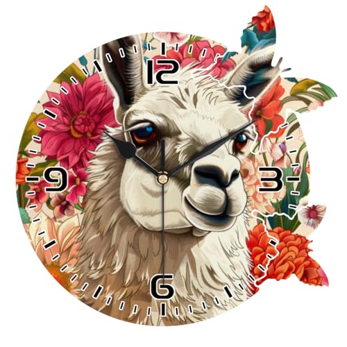 Mintoprints Llama Alpaca Wall Clock 10 Inch Flower Llama Non-Ticking Silent Battery Operated Round Quartz Decorative Wall Clock for Kitchen, Bathroom, Bedroom, Living Room