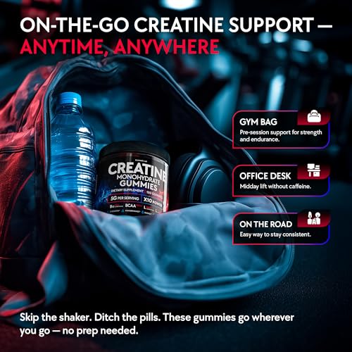 Image of Creatine Monohydrate Gummies Complex 5000 MG for Men & Women with BCAA, L-Carnitine, Taurine & Vitamin B12, Strength & Energy Support, Flavored and Chewable