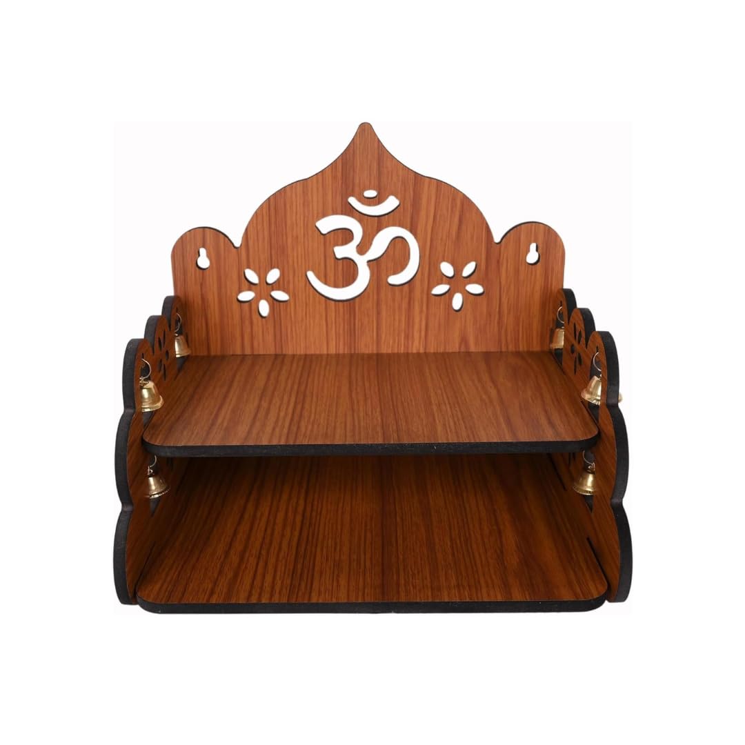 Devaāra Small Wooden Pooja Stand for Home & Office – Wall Mount or Tabletop Mandir with Bells | Compact Puja Temple for Home Decor | 9x9x8 Inch, Brown