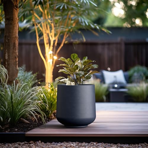Image of Kante Charcoal Concrete Planter 16.5 inch Dia All-Weather Round Large Pot | Handcrafted Cement Curved, Anti-Frost & UV Outdoors, Plug for Indoor, Lightweight & Durable, Modern Home, Garden, Porch