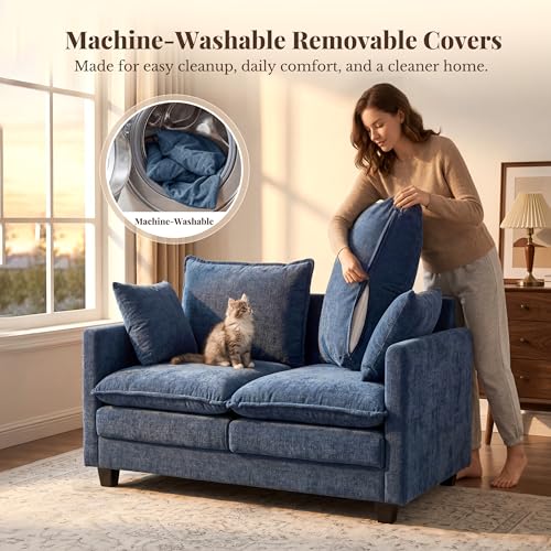 Image of Loveseat Sofa with Cloud 3-Layer Cushion & 27 inch Deep Seat, Modern Small Couch with 2 Washable Pillows for Small Spaces, Bedroom, Apartment, Office, Living Room, in a Box, 50-Inch Blue