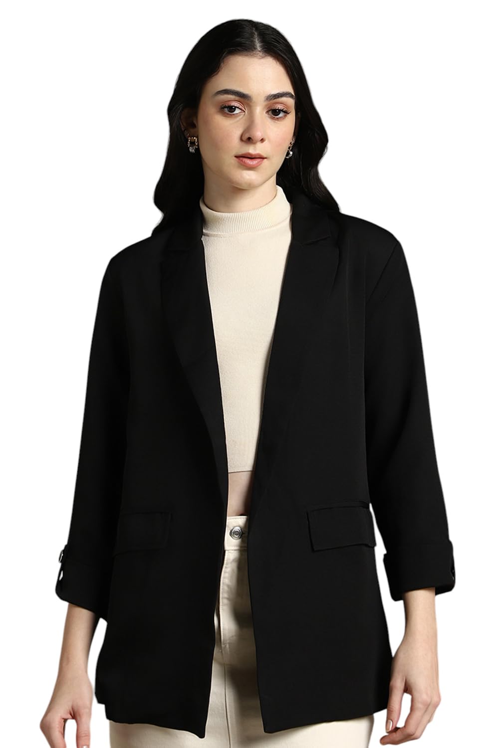 Black Solid Lapel Collar Full Sleeves Regular Fit Blazer