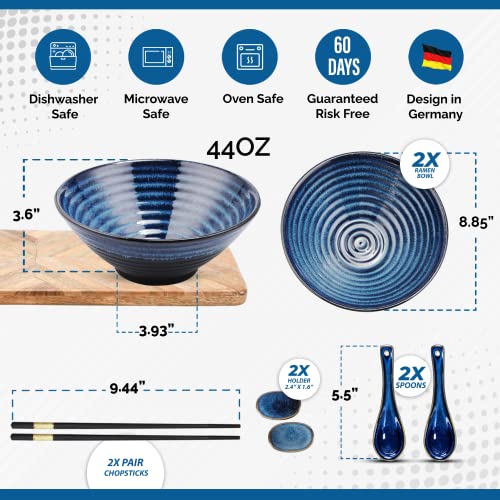 Grünhirsch Unbreakable Ramen Bowls Set Of 2 (8 Pcs) – 44 Oz Exclusive Ceramic Pho Bowls Ideal For Ramen Noodles, Salad, Soup & Pasta - Japanese Dinnerware Asian Chopsticks & Spoons #TOP1