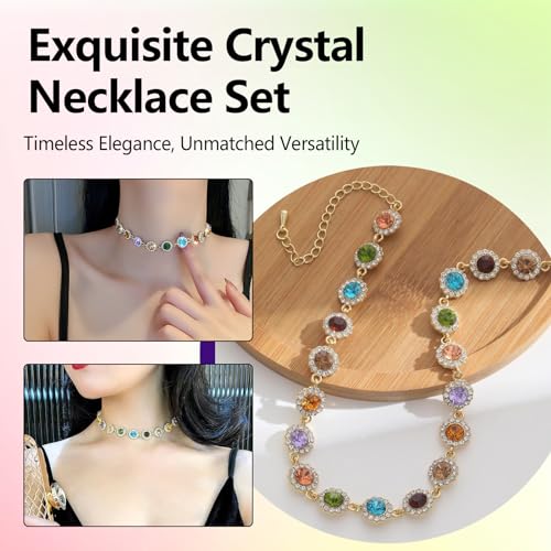 Colorful Necklace Beaded Crystal for Women Sparkly Rhinestone Multicolor Gem Necklaces with Gold Chain Stunning Multi Colored Jewel Jewelry for Party Prom2