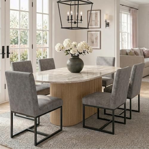 Image of HNY Modern Dining Chairs Set of 6, Upholstered Leather Dining Room Chairs with Ergonomic Back & Metal Frame for Home, Kitchen, Apartment, Grey