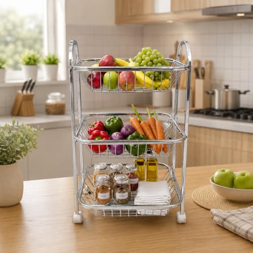 Image of Stainless Steel Fruit & Vegetable Trolley for kichen Fruit Basket Vegetable Basket Onion Potato Rack for Kitchen Stand for Kitchen (03 Layer Trolley)