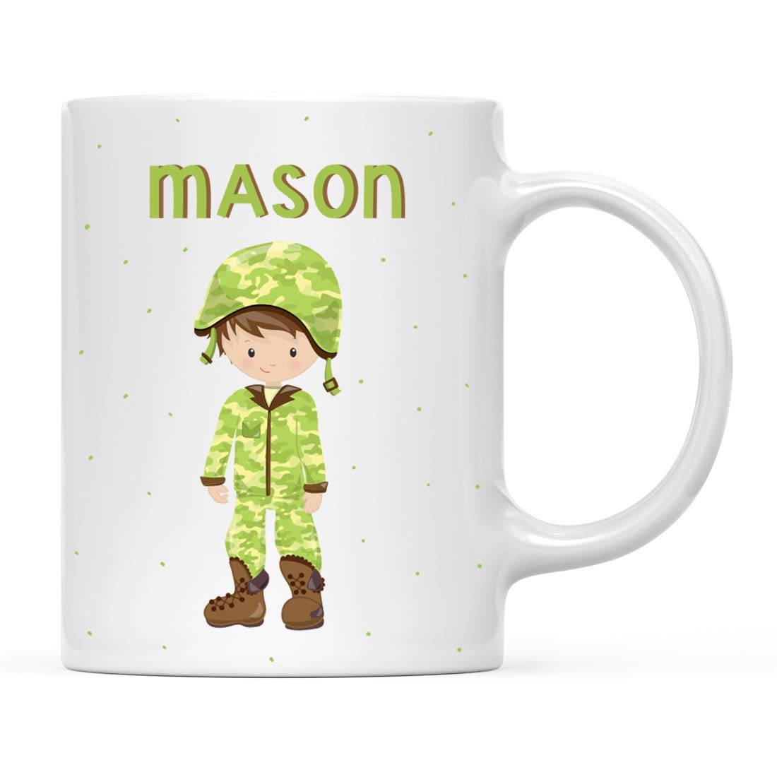 Andaz Press Personalized 11oz. Kids Milk Hot Chocolate Mug, Brown Haired Army Military Boy in Uniform, 1-Pack, Custom Child’s Birthday Christmas