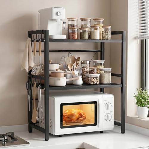 ALANNG Étagère Micro-ondes Réglable 38,7-65cm, 3 Niveaux Étagère de Cuisine sur Plan de Travail, 50kg Capacité Support Micro-ondes avec 6 Crochets,...