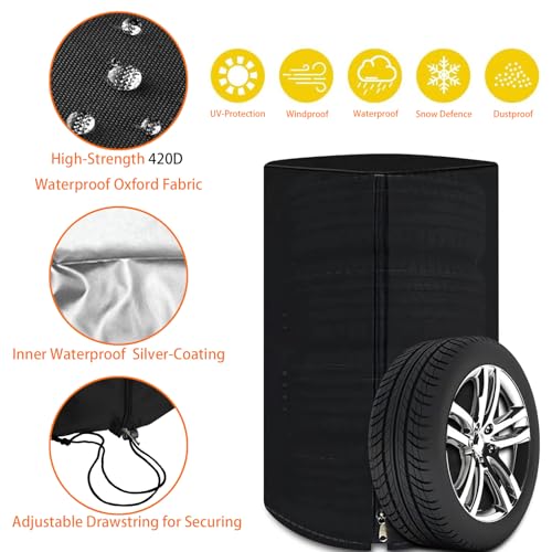 Image of Large Tire Cover for Seasonal Storage,28 inch Tire Cover Diameter,Waterproof Dust-Proof High-Strength 420D Tire Cover,Universal Indoor Outdoor (Holding 4 Tires Stacking,Black)