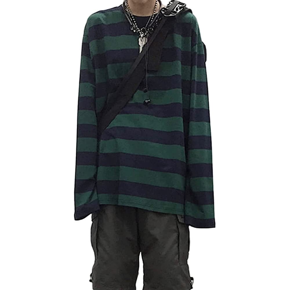 Striped Crewneck Long-Sleeve T-Shirt Alt Pullover Emo Shirt Punk Japanese Harajuku Streetwear, Green, XL