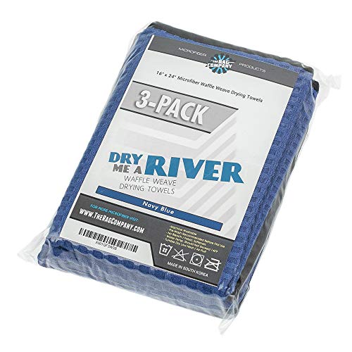 The Rag Company - Dry Me A River - Professional Korean 70/30 Blend Microfiber Waffle-Weave Drying & Detailing Towels, Soft Suede Edges, Royal Blue, 16in x 24in (3-Pack)