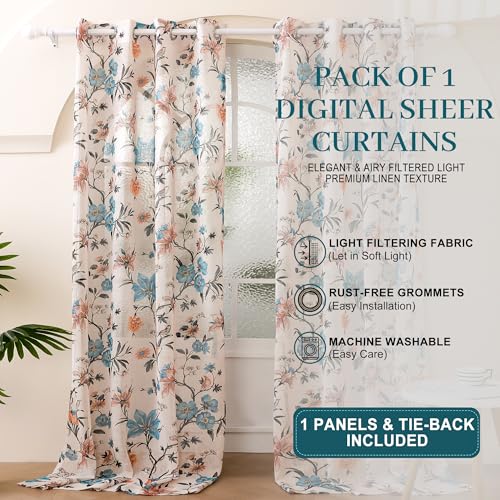 Image of Story@Home Window Curtains 5 Feet Long Set of 1 | Floral Printed | Semi Transparent Curtain | Net Curtains | Sheer Curtain for Living Room | (118 X 152 Cm, Cream & Blue) | Perfect for Home Decor