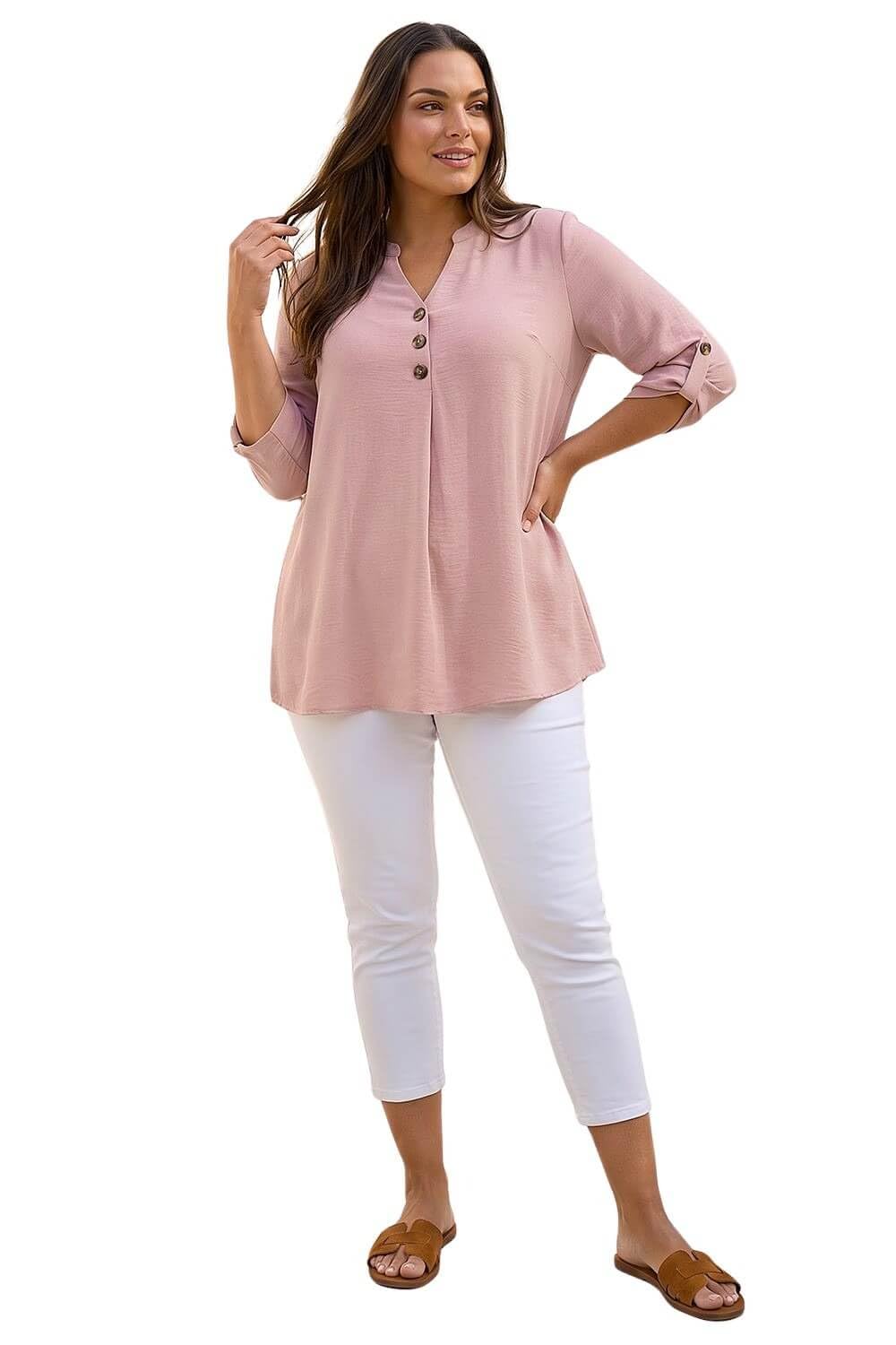 Roman Women's Rose Curve Textured Buttoned Tunic Top In Size 18