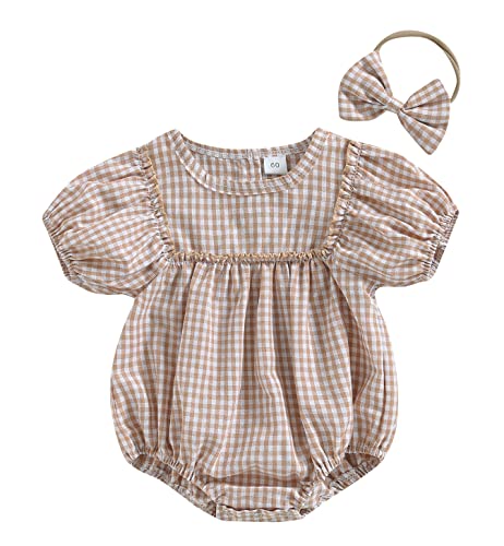 Image of Douhoow Infant Baby Girl Plaid Romper Baby Sweatshirt Romper Ruffle Festival Clothes Fall Winter Outfits with Headband