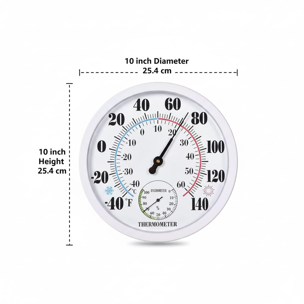 Outdoor Thermometer Hygrometer, 10 Inch Round Large White Gauge with Easy to Read Face, Waterproof Wall Mount for Patio, Garden, Garage, Home Outside Temperature and Humidity Monitor — Amazon image 4